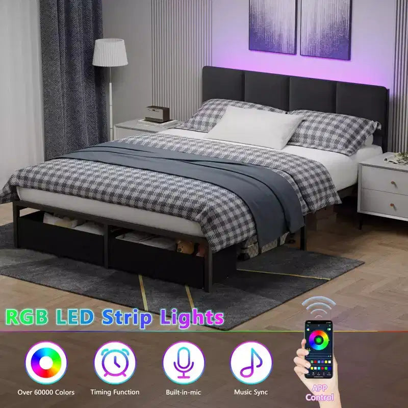 Modern Queen Bed Frame with Adjustable Headboard 2 Storage Drawers LED Lights Charging Station Grey Upholstered Platform Metal No Box Spring Needed
