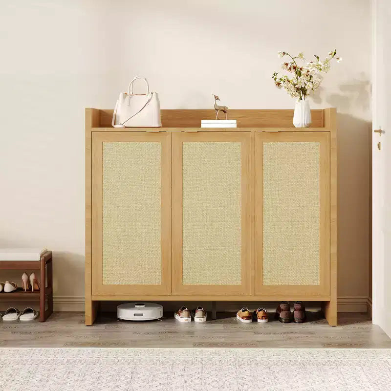 Rattan Shoe Cabinet with Adjustable Shelves – 3 Doors, Holds 24 Pairs