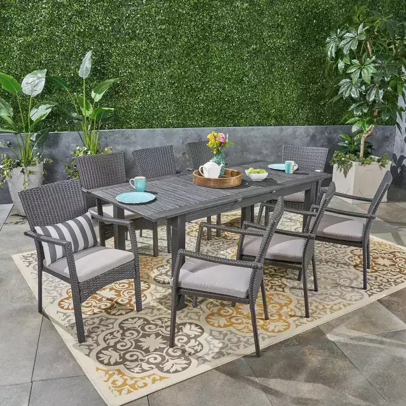 Christopher Knight Home Davenport Outdoor Acacia Wood and Wicker 9 Piece Expandable Dining Set with Cushion
