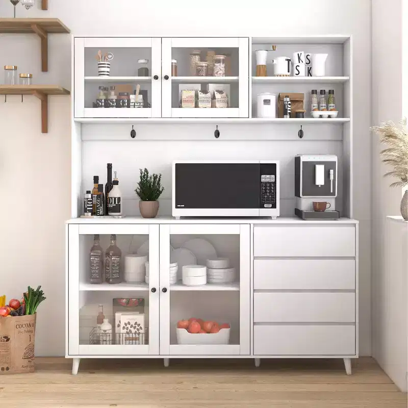 GDFStudio Gideon Modern 63 Kitchen Pantry Cabinet with 4 Glass Doors, 4 Drawers and Microwave Shelf