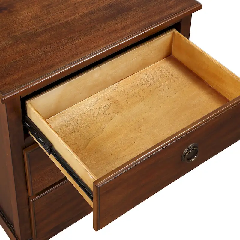 Brown Acacia Veneer 3-Drawer Nightstand with Antique Bronze Ring Pulls for 1 Person