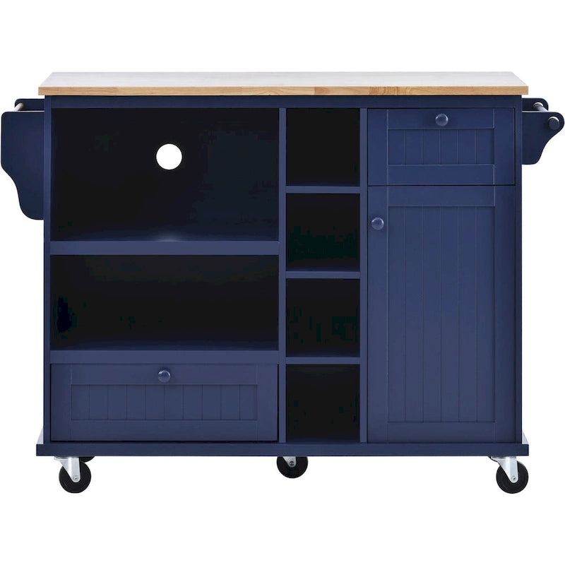 Rolling Kitchen Island Cart with Open Shelves Drawers Cabinet and Microwave Space