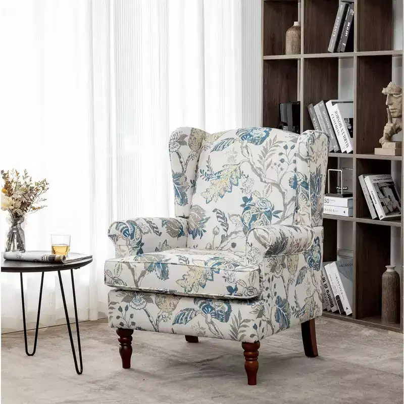 Floral Print Fabric Armchair, Solid Wood Frame – 32.5