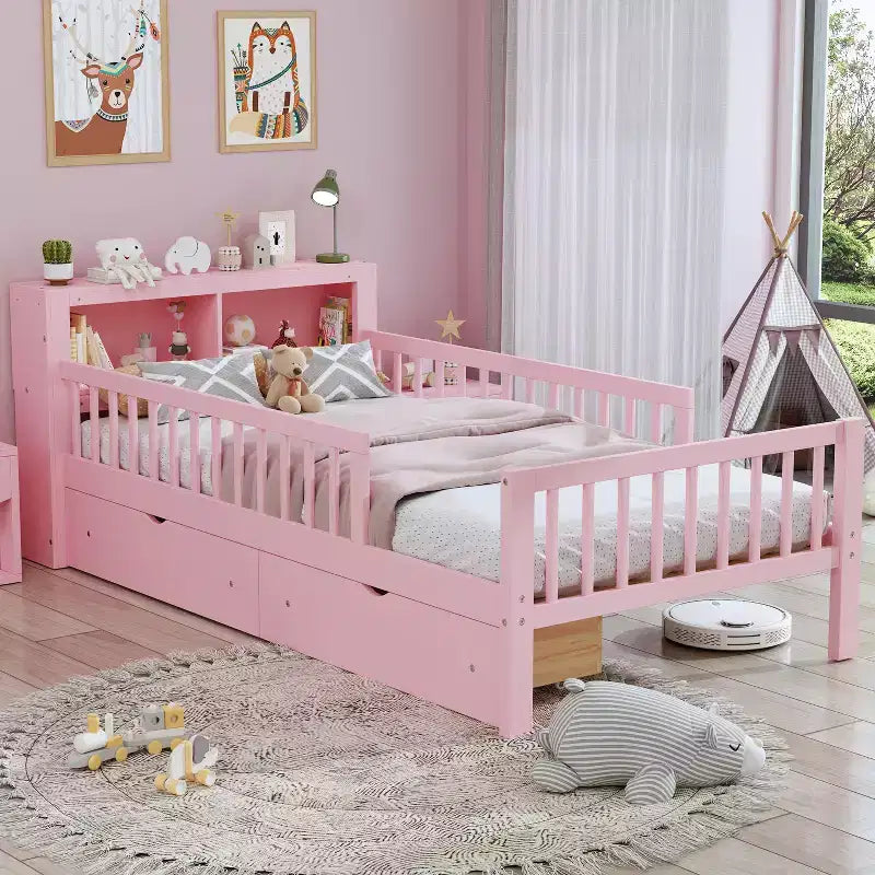 Twin Bed with Headboard Storage Rack, 2 Under-Bed Drawers & Guardrails �C Pink