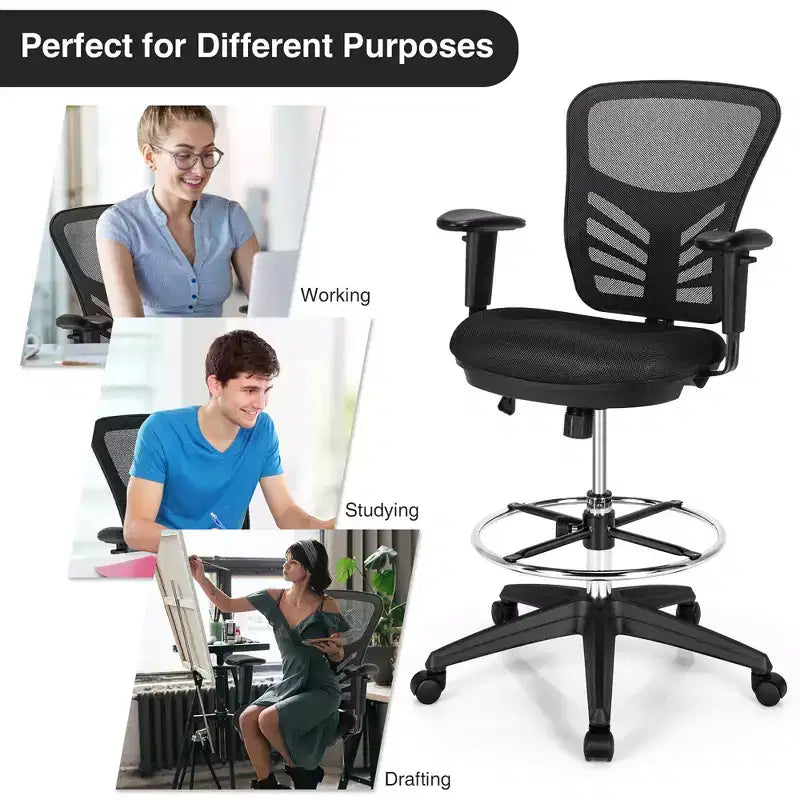 Mesh Drafting Chair with Adjustable Armrests & Foot-Ring
