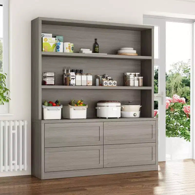 Minimalist Light Gray Kitchen Storage Cabinet,Pantry Organizer,Open Shelves+Drawers for Organized Pantry/ Dining Room