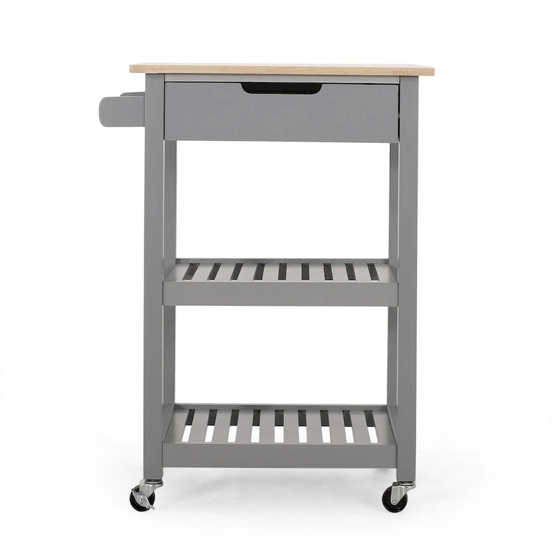 Compact Rolling Kitchen Cart with Rubberwood Top Drawer 2 Slatted Shelves and Towel Rack