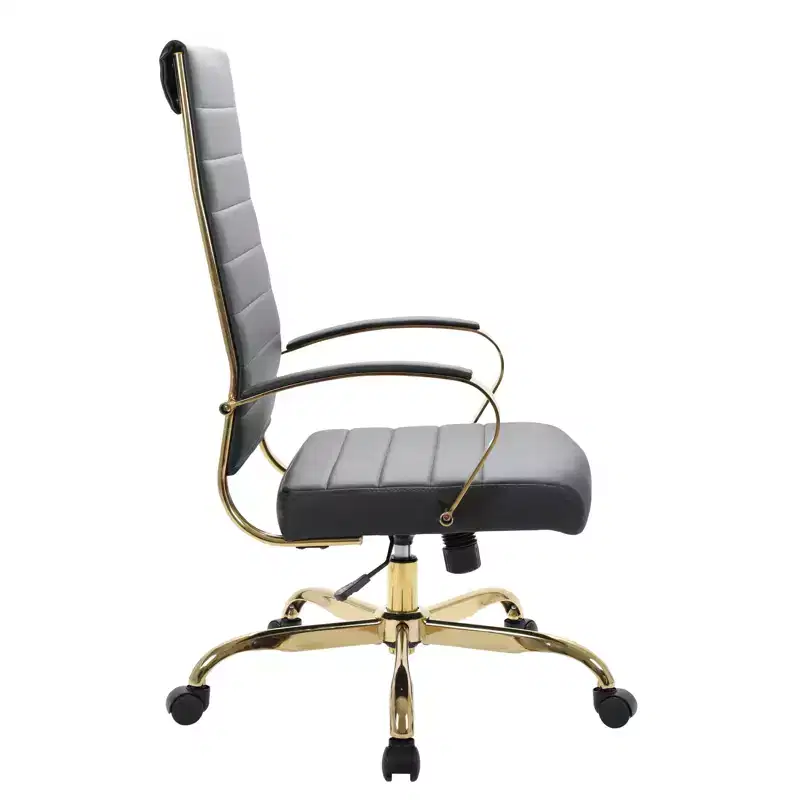 LeisureMod Benmar High-Back Ribbed Leather Office Chair - Modern Swivel & Tilt Executive Desk Chair - Gold Base