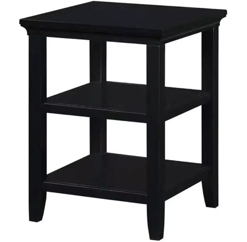 End Table with Lower and Middle Shelf, Transitional Rubberwood Side Table, Black