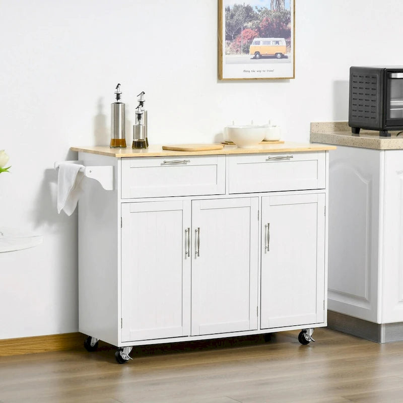 Rolling Kitchen Island Cart with Natural Wood Top 2 Drawers 3 Cabinets and Towel Rack