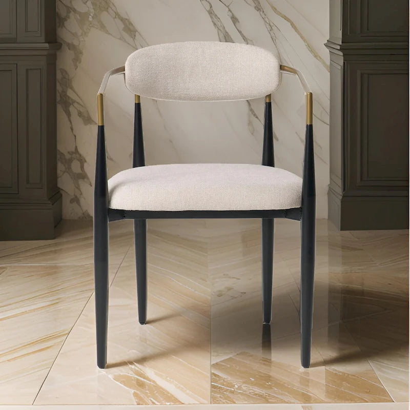 23 Inch Dining Chair, Light Gray Polyester, Black Iron Legs, Gold