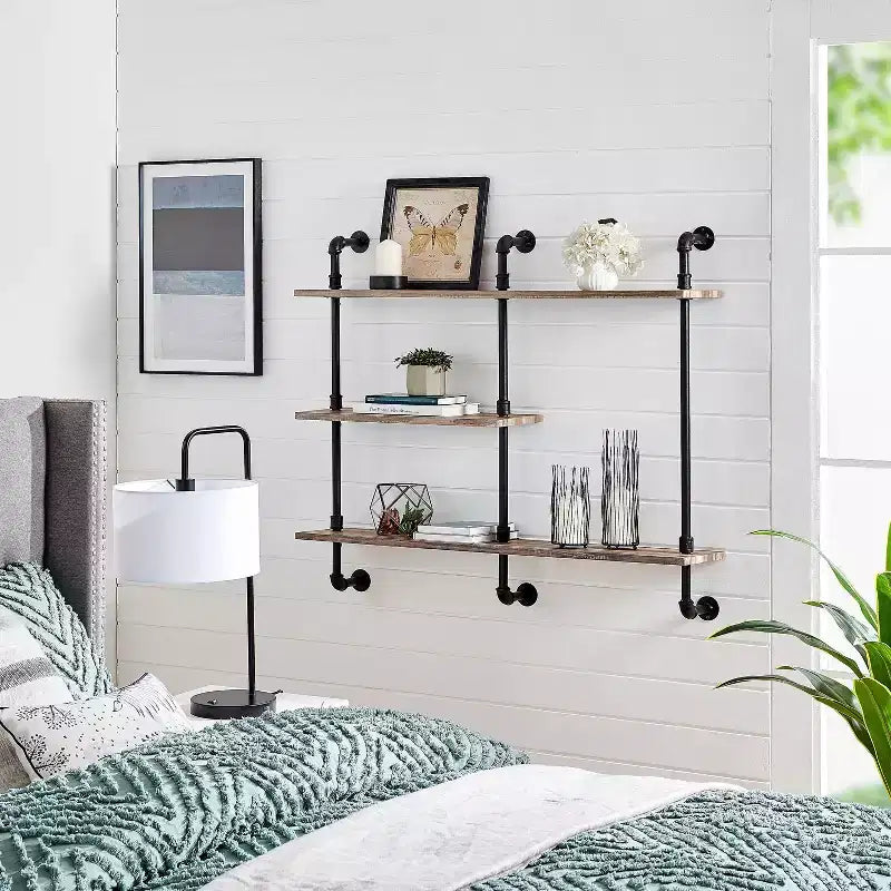 3-Tier Industrial Pipe Wall Shelf Unit, Black/Rustic, Iron Frame with Laminated Shelves