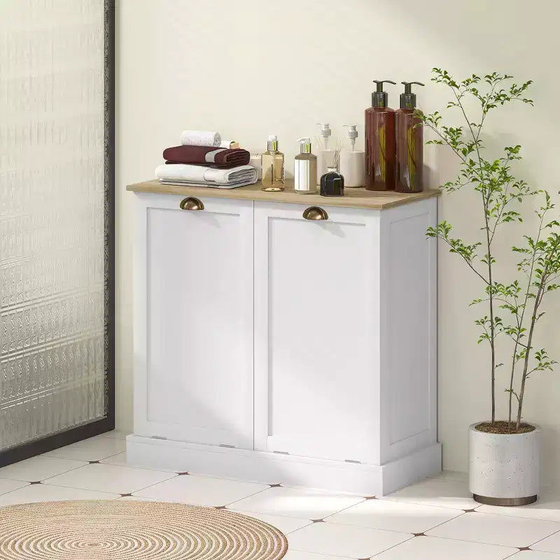 HOMCOM Dual Tilt-Out Laundry Hamper Cabinet with 2 Removable Baskets, Modern Bathroom Storage Cabinet with Shaker Doors and Handles, White