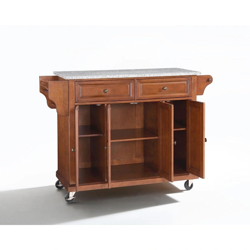 Cherry Rolling Kitchen Cart with Gray Granite Top 3 Cabinets 2 Drawers and Spice Rack