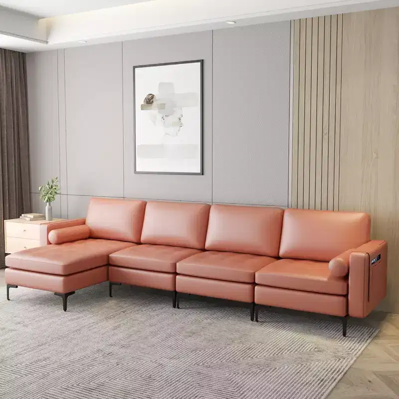Costway Modular L-shaped Sectional Sofa with Reversible Chaise & 4 USB Ports Coral Pink/Grey