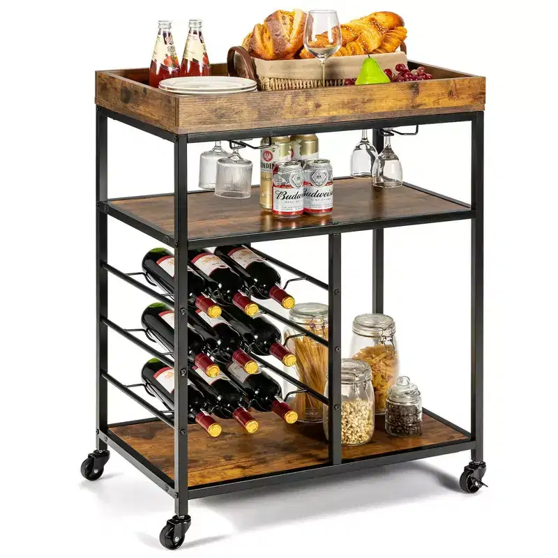 3-Tier Rolling Kitchen Cart Utility Trolley with Wine Bottle Rack