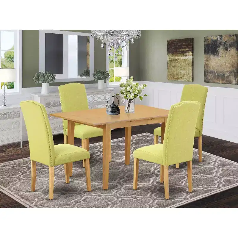 Nordic Dinette Set 5Pc Rectangle Table & 4 Chairs - Linen Fabric & Oak Legs - 42 to 53.5