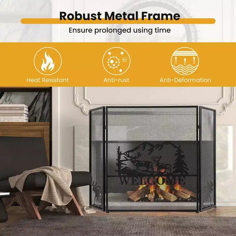 Costway 52 x 31 In Fireplace Screen 3-Panel Spark Guard with Natural Scenery, Moose Pattern