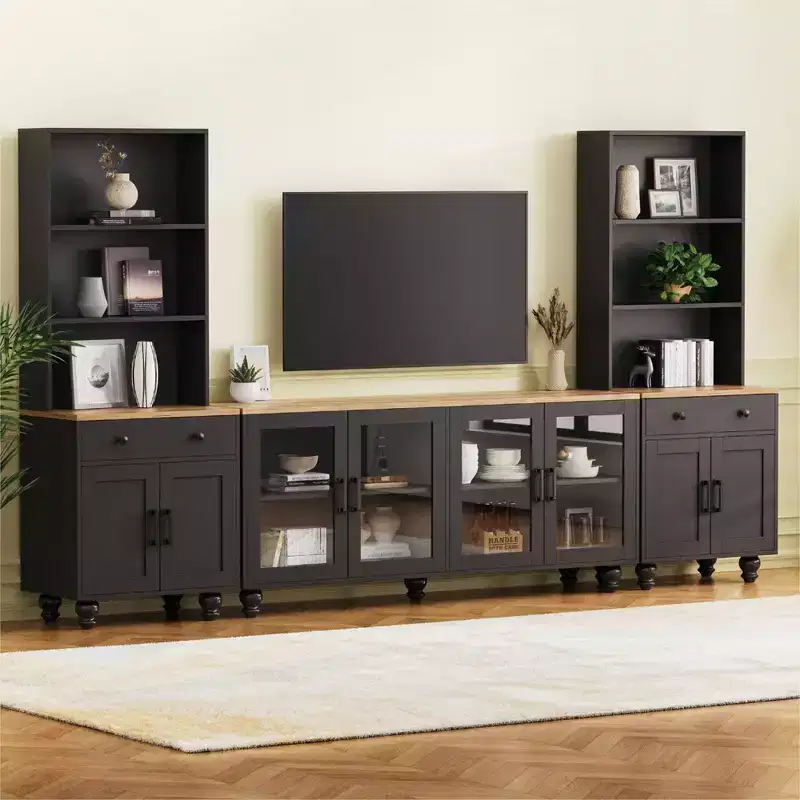 CLIHOME Farmhouse TV Stand for TVs Up to 70, Entertainment Center with Bookshelves & Tempered Glass Doors