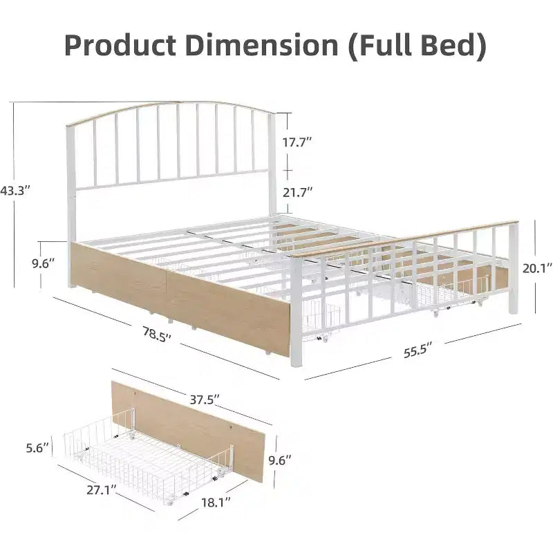 Bed Frame Metal Platform with Headboard,4 Storage Drawers Bed Frame, Queen Size Sturdy BedFrame with Under Bed Storage/No Box Spring Needed