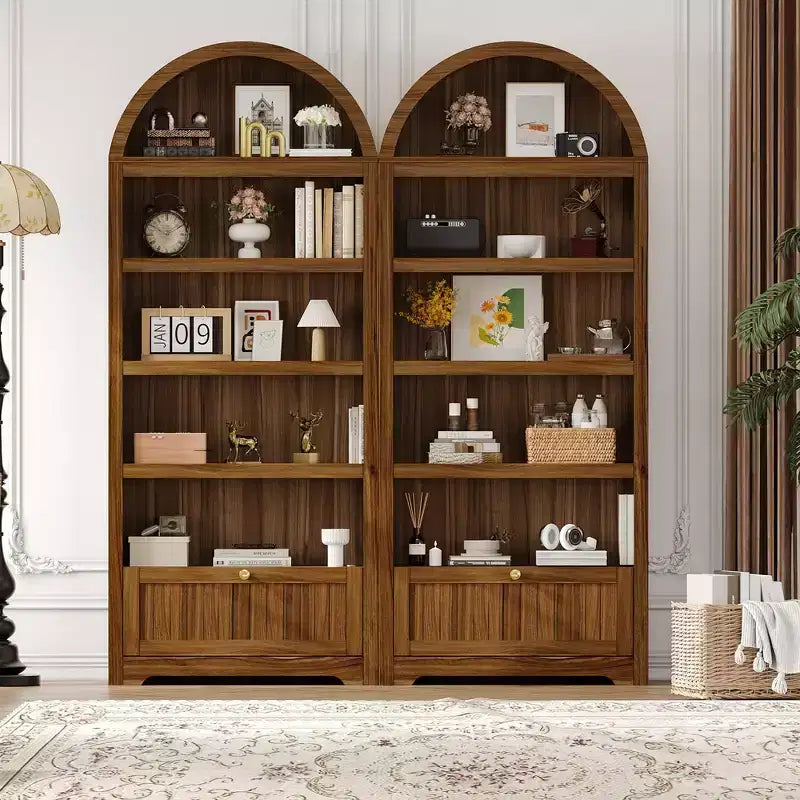 72 Tall Wood Arched Storage Cabinet, Kitchen Pantry with Open Display & Drawer, 6-Tier Standing Arched Bookcase & Cupboard with Adjustable
