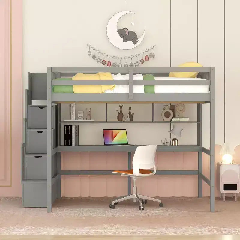 Full Size Loft Bed with Built-in Desk, Storage Shelves & Storage Staircase for Bedroom - Gray