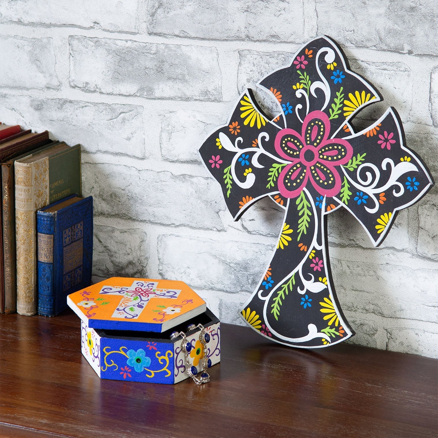 Hand-Painted Floral Cross Plaque