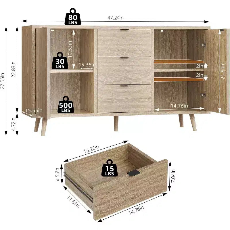 Coffee Bar Cabinet with 3 Drawers and 2 Doors, Sideboard Buffet Cabinet with Storage, Adjustable Shelf, Natural Wood Console, for Dinning Room