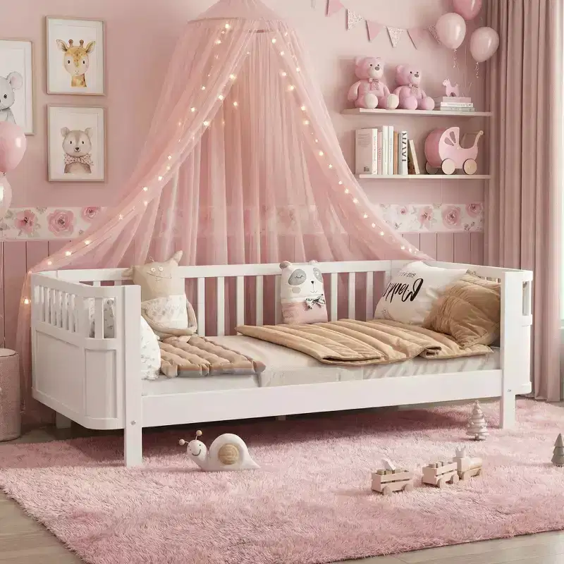 Full Size Wood Platform Bed for Kids, Wood Low Profile Full Bed with Rails for Girls and Boys, White
