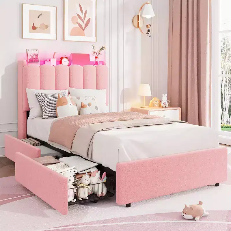 Bed frame with storage headboard, children's bed frame with 2 drawers, fabric upholstered platform bed, contoured headboard with bookshelf