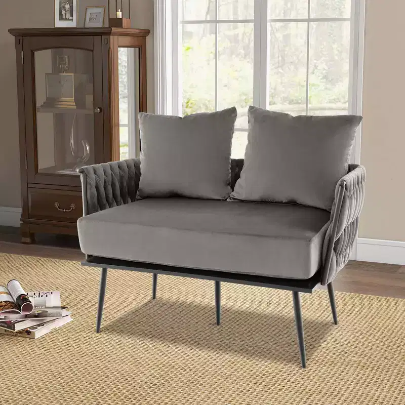 Costway Modern Loveseat Sofa Upholstered Dutch Velvet Couch with Woven Back & Arms Green/Grey