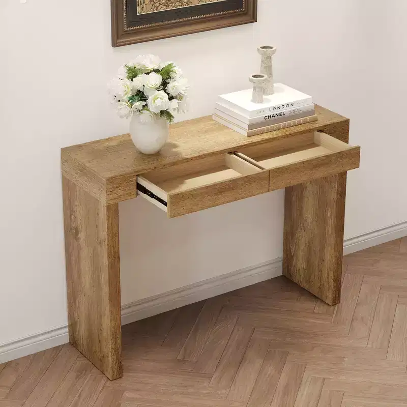 Wood Grain Texture Veneer Console Table with 2 Drawers – Farmhouse Sofa Table for Living Room & Hallway