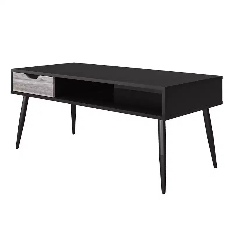 Rectangular Coffee Table with Drawer and Open Cubby, Black