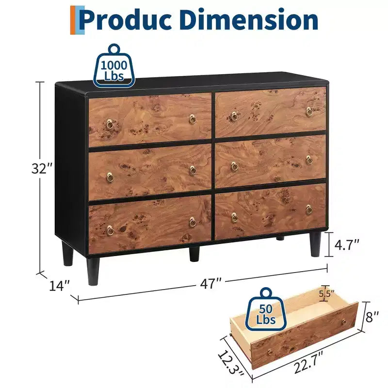 6 Drawers Dresser for Bedroom, 47 Wide Modern Chest of Drawers, Wood Dresser for Bedroom, Living Room, Hallway, Entryway, Natural Oak