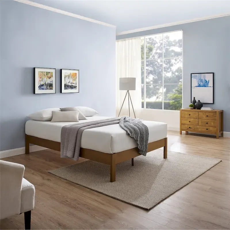 Deluxe Solid Pine Wood Platform Bed Frame, No Box Spring Needed, Antique Espresso