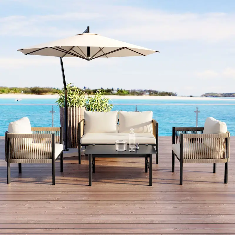 5 Pcs Outdoor PE Wicker Sectional Sofa Set, Patio Conversation Furniture Set with Loveseat, 2 Chairs and Table