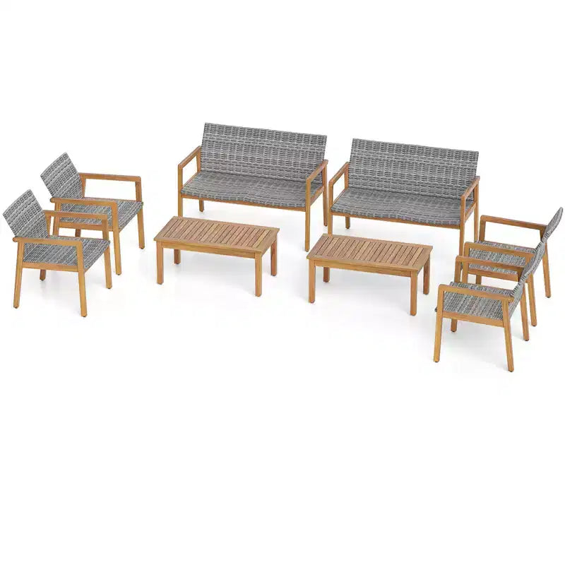 Costway 8 Pieces Outdoor Furniture Set, Acacia Wood Frame Sofa Set with Rattan Seat