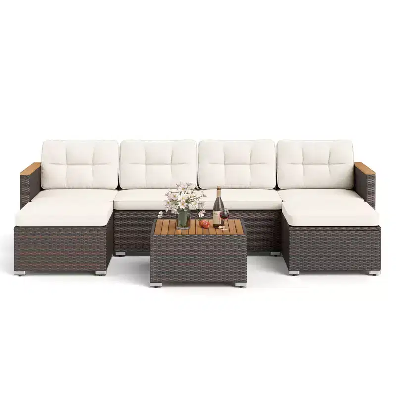 Costway 7 PCS Wicker Conversation Set with Seat & Back Cushions Wood Armrests & Tabletop