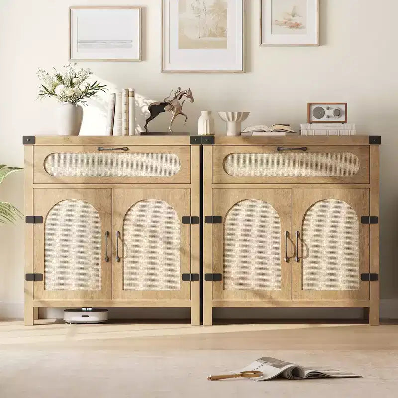 Rattan Sideboard Buffet Cabinets with Storage, Farmhouse Kitchen Accent Storage Cabinet with Drawer for Dining Room, Living Room, Hallway