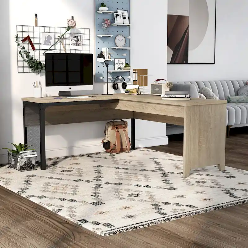 Industrial Natural Oak 65-inch Metal L-Shaped Standing Desk by