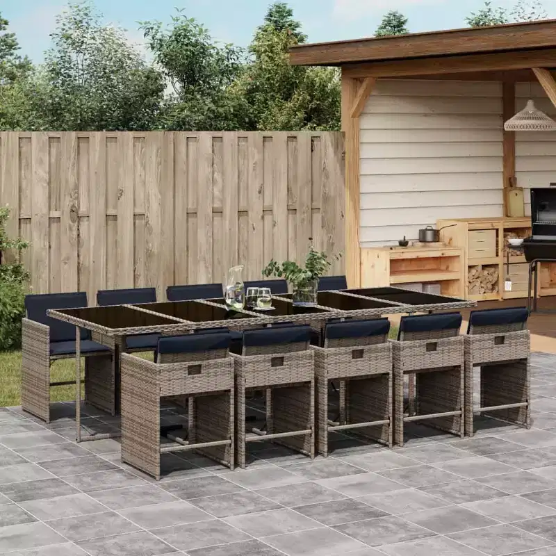 vidaXL Patio Dining Set of 10 Gray PE Rattan Large Collapsible