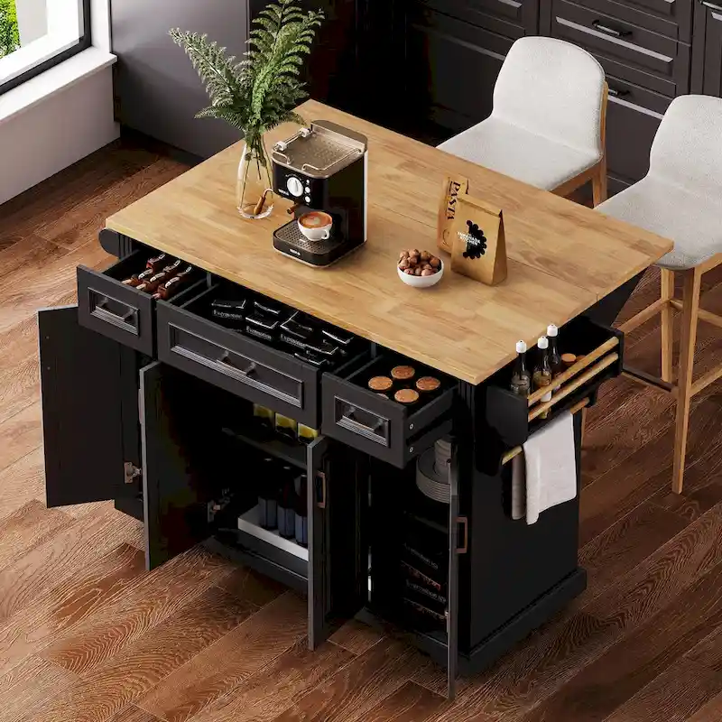 54  Large Kitchen Island with Rubber Wood Drop Leaf, Embossed Texture Rolling Kitchen Cart on 4 Wheels with 4 Doors & 3 Drawers