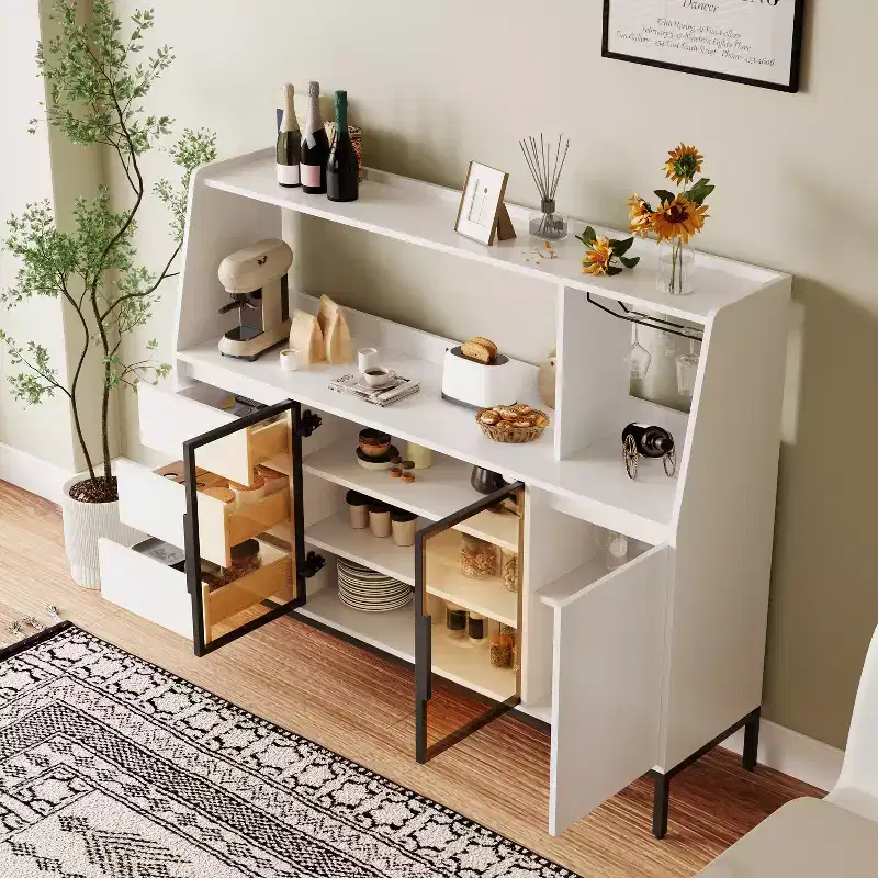 Wooden Buffet Storage Cabinet with Glass Doors, Cup Holder and 3 Drawers