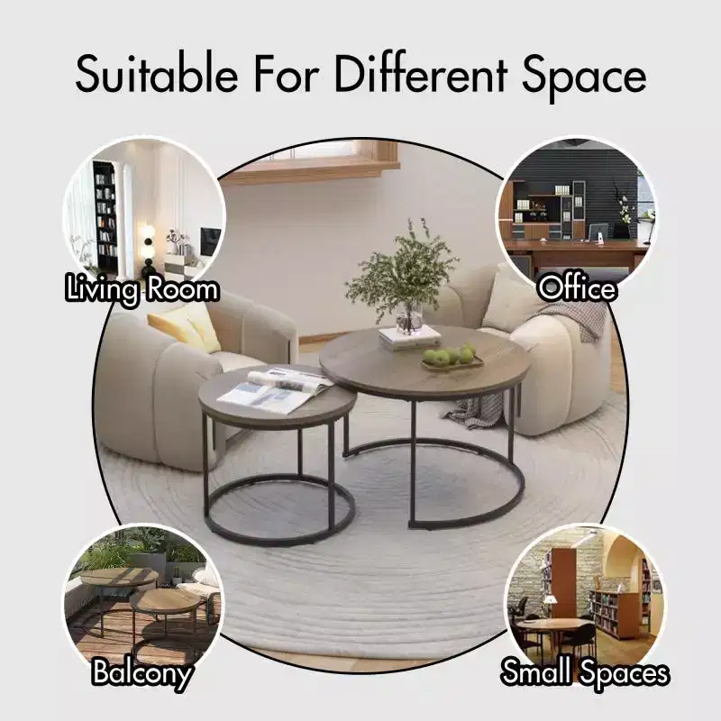 Nesting Coffee Table Set of 2, 27.6inch Round Coffee Table Wood Marble Pattern Top with Sturdy Metal Frame, End Table Side Tables