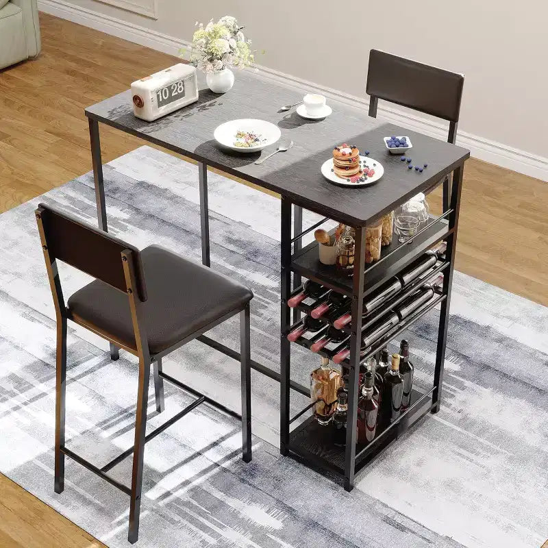 Dining Table Set for 2,Counter Height Table with 2 Upholstered Chairs & Storage Shelves,Bistro Table and Chair Set with Metal Frame,for Small Space