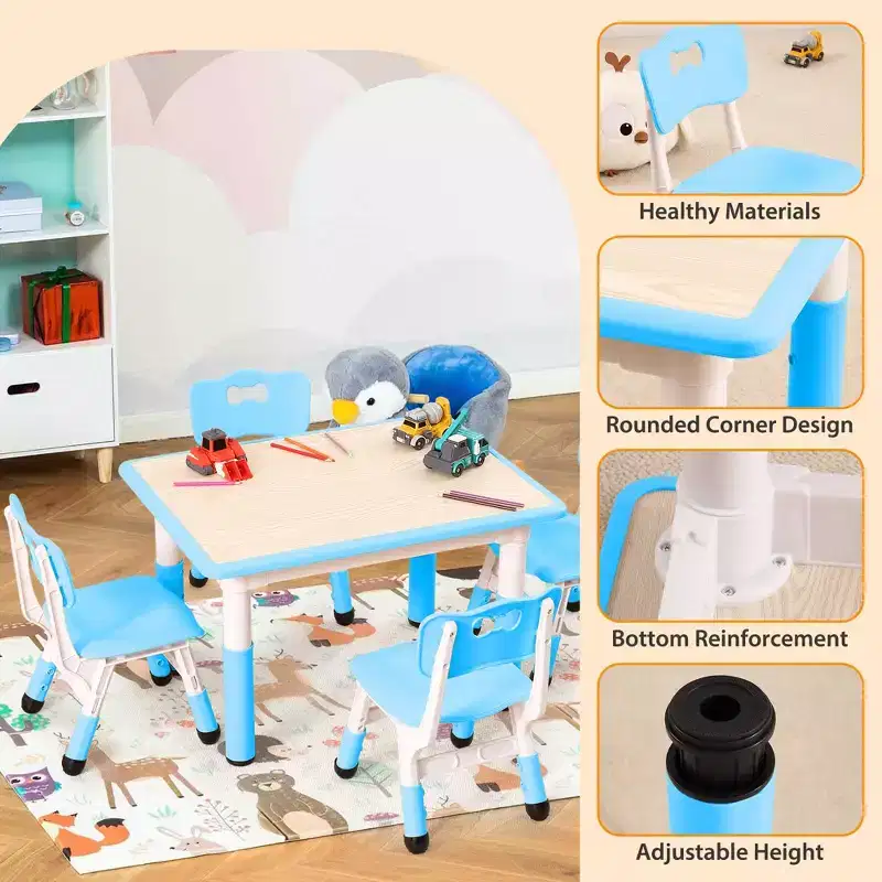 5pcs Toddler Table and Chair Set, Height Adjustable Kids Table and Chair Set of 4, Toddler Table for Reading, Drawing, Eating, for Ages Over 3
