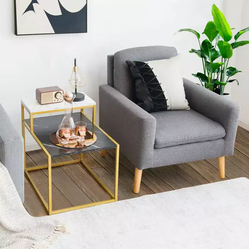2-Tier End Side Table, Metal Frame Nightstand with Storage Shelf for Living Room