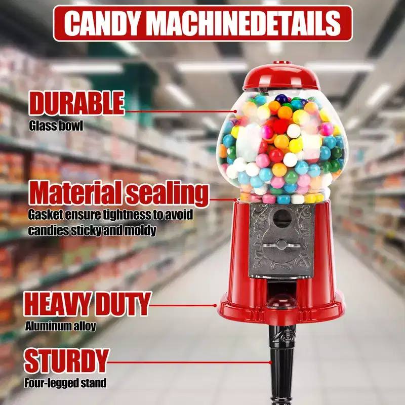JVNOXK-5 Inch Commercial Red Bubble Gum Machine Stand, Key-Operated Free Candy Dispenser Bubble Gum Machine Coin-Operated Halloween Christmas Party