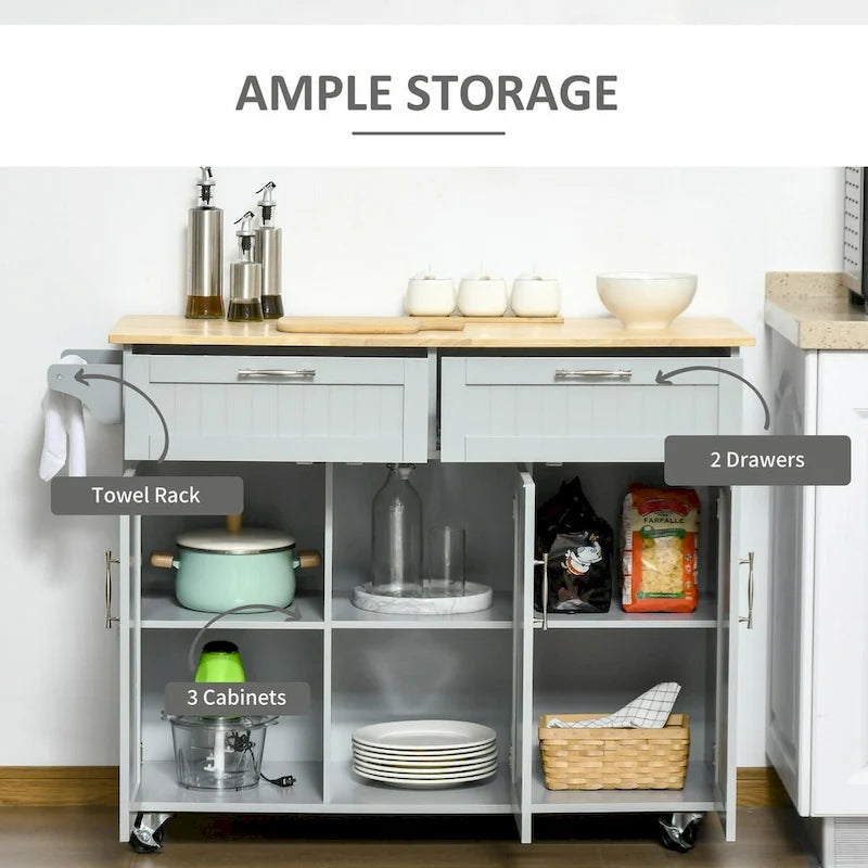 Rolling Kitchen Island Cart with Natural Wood Top 2 Drawers 3 Cabinets and Towel Rack