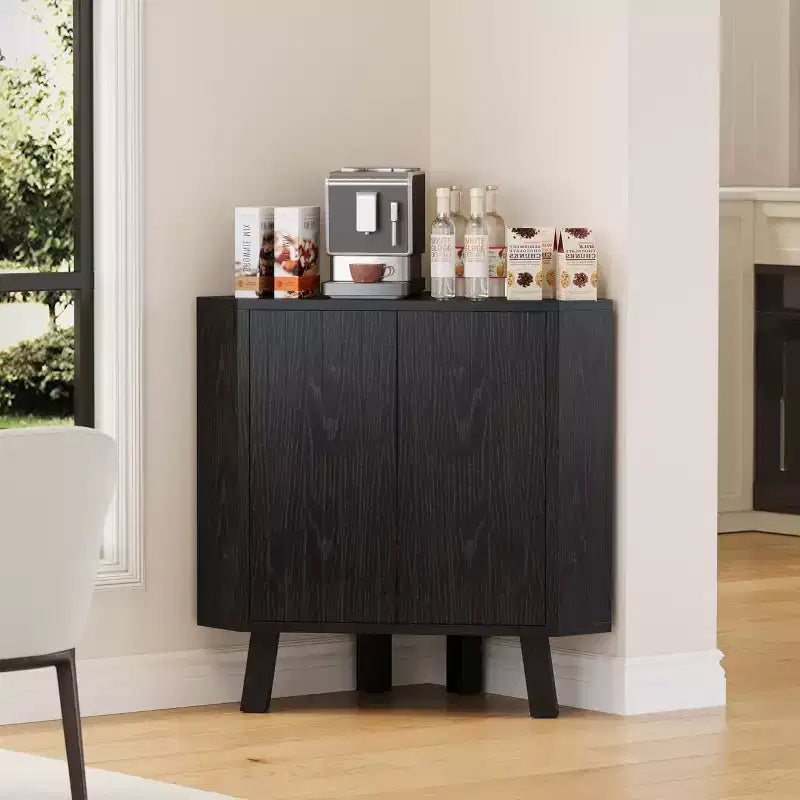 Farmhouse Corner Storage Cabinet with Adjustable Shelf, 3-Tier Industrial Wooden Corner Table with Doors, Triangle End Table (31.5''x 15.7''x 30.7'')